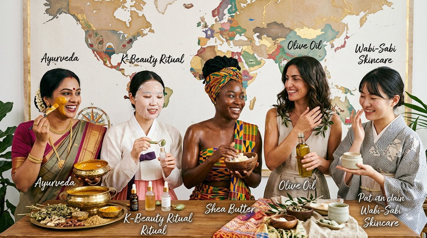 Women from different cultures celebrating their global beauty rituals