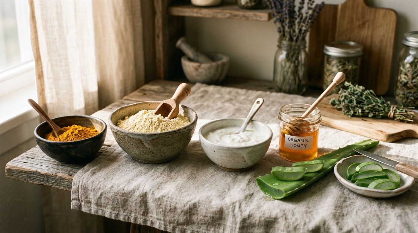 Kitchen pantry skincare ingredients like turmeric, besan, and curd